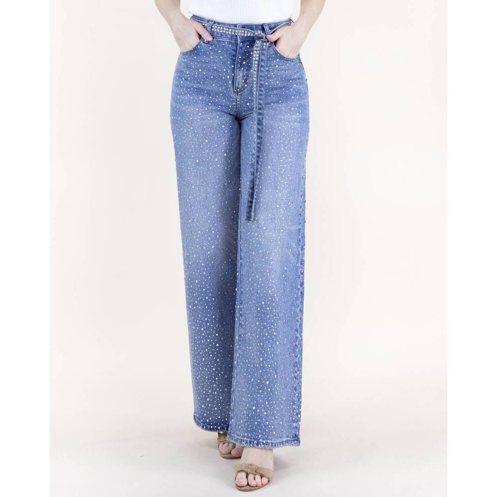 NEW ORIGINAL USA droplet rhinestone embellished belted high rise wide leg jeans